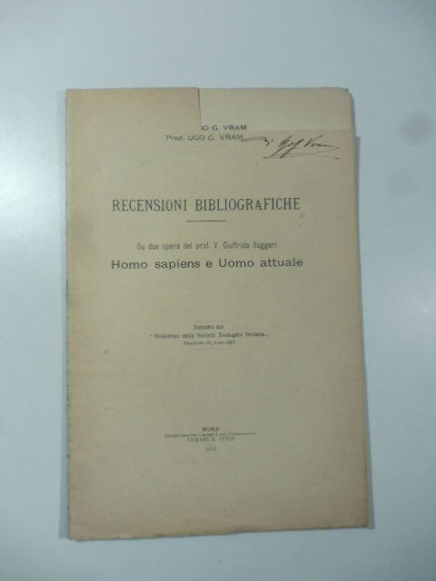 Recensioni bibliografiche. Su due opere del prof. V. Giuffrida Ruggeri Homo sapiens e Uomo attuale